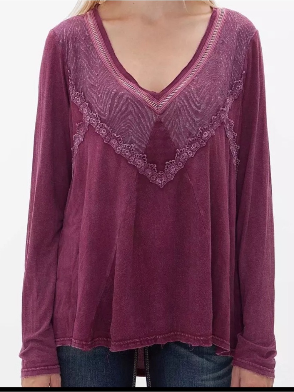 Long Sleeve Boho Layering V Neck Raw Hem Crochet Detail Gimmicks BKE Red Purple